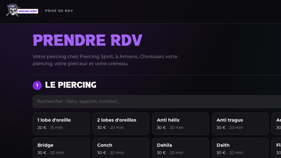 Page de prise de rendez-vous de Piercing Spirit sur clicknpierced.fr